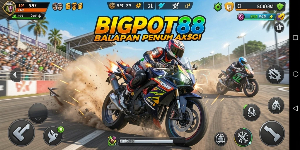 Screenshot utama BIGPOT88 menampilkan aksi balapan motor yang seru di trek menantang.