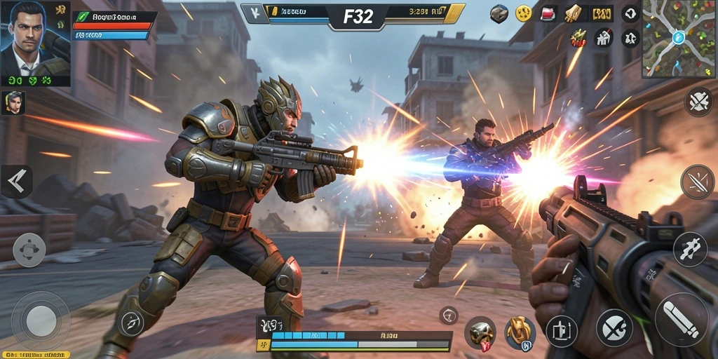 Tampilan utama gameplay Action F32 yang mendebarkan.