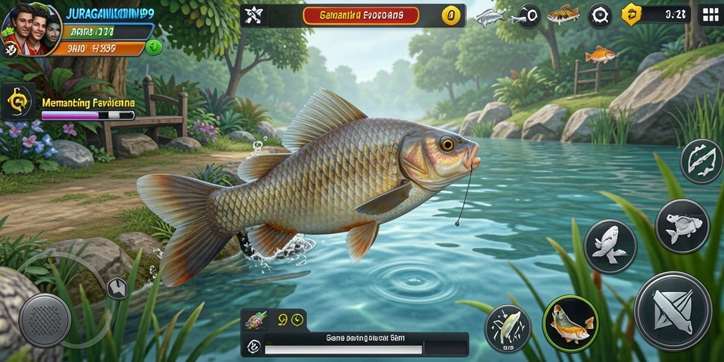 Screenshot JURAGANKOIN99 menampilkan aksi menangkap ikan di lingkungan yang indah.