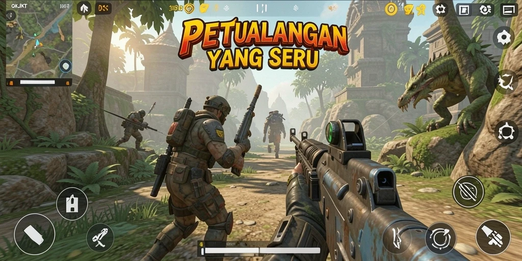 Tangkapan layar gameplay OKJKT yang memperlihatkan aksi tembak-menembak intens.