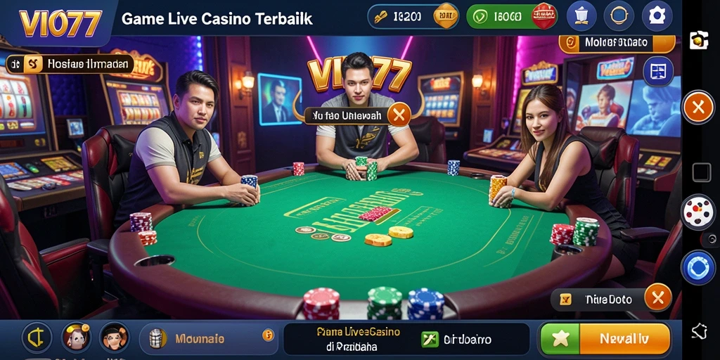 Screenshot gameplay VIO77 yang menampilkan dealer langsung dan suasana kasino.